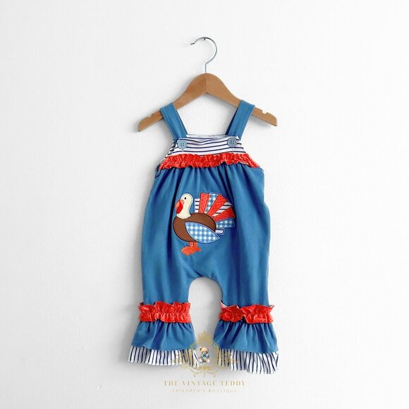 Other - NWT Cute Girls Overalls Dungarees Romper Embroidered Turkey Orange & Blue 3-6M